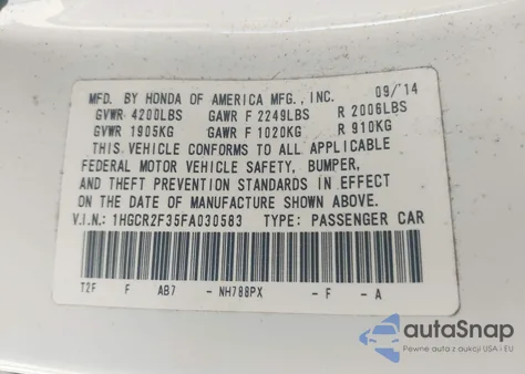 2015 Honda Accord Lx из США, поврежденный, VIN 1HGCR2F35FA030583